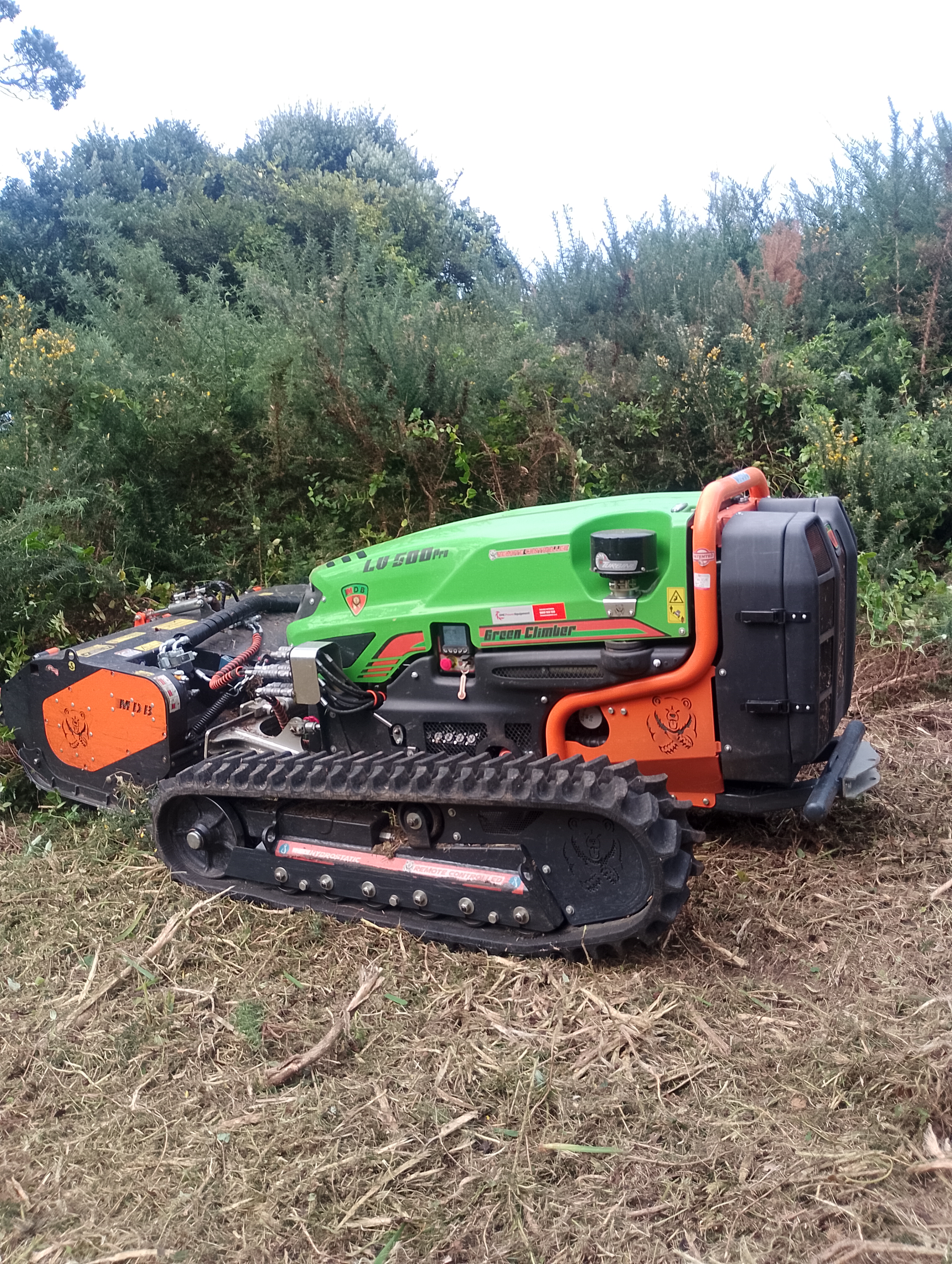 Remote-controlled tracked mower at work in dense scrub